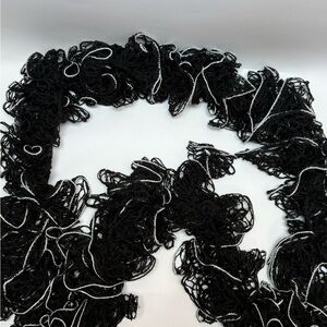 Black Ruffle Scarf Silver Metallic Trim Long Statement Fashion Scarf
